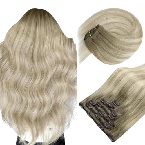 Sunny Hair Clip in Hair Extensions Straight Human Hair Clip in Extensions Remy Clip in Hair Extensions Real Human Hair Extensions Clip ins Full Head Ombre Ash Blonde Roots to Blonde Highlights 18inch - Image 1