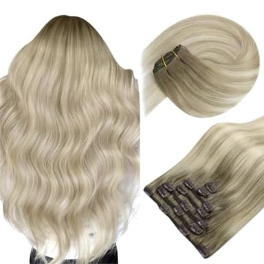 Sunny Hair Clip in Hair Extensions Straight Human Hair Clip in Extensions Remy Clip in Hair Extensions Real Human Hair Extensions Clip ins Full Head Ombre Ash Blonde Roots to Blonde Highlights 18inch - Image 1