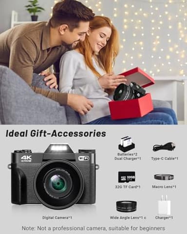 2024 Upgrade VJIANGER Digital Camera for Photography Vlogging Camera for YouTube with WiFi, 180° Flip Screen, 16X Digital Zoom, 52mm Lens, 2 Batteries, 32GB Micro SD Card(Black) - Image 2
