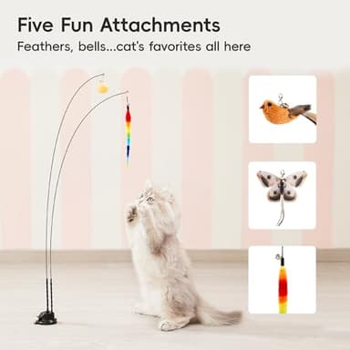 Potaroma Suction Cup Cat Wand Toys, Dual-Wand Interactive Kitten Toy for Indoor Cats with 5 Pcs Feathers Balls Attachments, Charcoal Base - Image 5