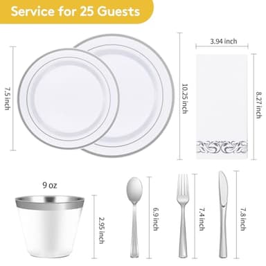 Goodluck 175 Piece Silver Dinnerware Set for 25 Guests, Plastic Disposable Plates for Party, Includes Dinner and Dessert Plates, Paper Napkins, Cups, Silverware Set - Image 5
