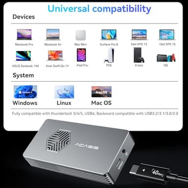 ACASIS 40Gbps M.2 NVMe SSD Enclosure with Cooling Fan,Tool Free Installation,NVMe Enclosure for M1/M2 Pro/Max, Compatible with Thunderbolt3/4/5,USB4/3.2/3.1/3.0/2,Support 2280/2260/2242/2230 B+M M-Key - Image 7