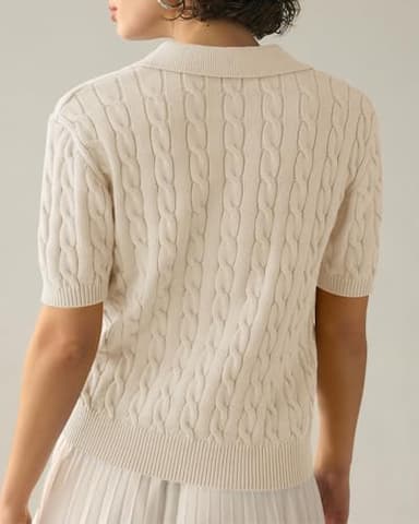 Imily Bela Women's Cable Short Sleeve Sweaters Tops Solid Lapel V Neck Knit Casual Soft Pullover Shirt Apricot - Image 3