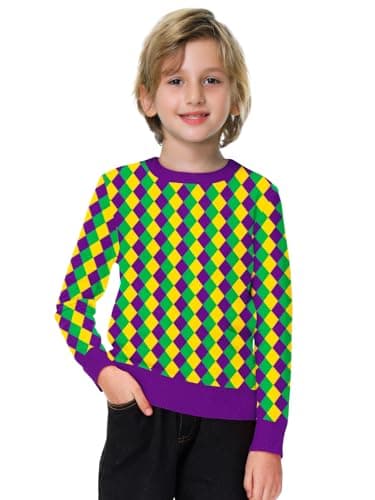 Remimi Kids Mardi Gras Sweatshirt Purple Green Yellow New Orleans Girls Long Sleeve Sweater Tricolor Lattice 7-8 Years - Image 3