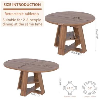 43.3in-59in Extendable Round Dining Table for 4-8,Modern Kitchen Oval Dining Table with Removable Leaves Space Saving,Wood Base with Storage Shelf for Kitchen Living Room (Walnut) - Image 2