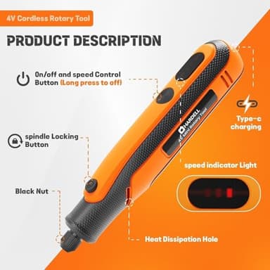 HARDELL Mini Cordless Rotary Tool kit 4V, 3 Variable Speeds Rotary Tool with 32pcs Accessories,Type-C Charging Power, for Engraving, Sanding, Grinding, Polishing, Etching, Diy Crafting - Image 3
