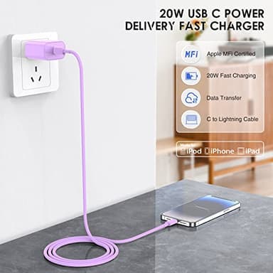 10ft iPhone Charger Fast Charging, for iPhone 14 13 12 Fast Charger,20W USB C Wall Charger with Type C to Lightning Cord,iPhone Fast Charging Cable for iPhone 13/14/12 Pro Max Plus/11,iPad-3PCS-Purple - Image 3