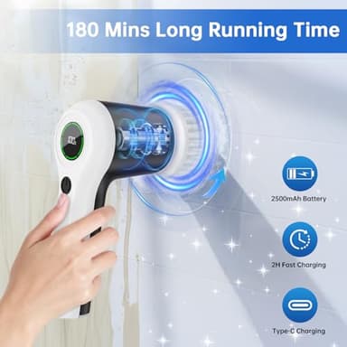 PUFTEM Electric Spin Scrubber, Cordless Shower Scrubber with Battery Level Display, 2 Speeds Electric Scrubber for Cleaning with 6 Replaceable Heads, Cleaning Brush for Bathroom/Sink/Window - Image 2