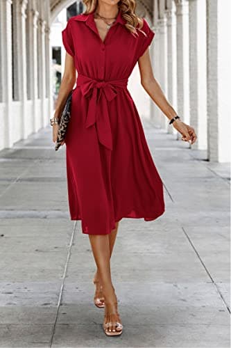 ECOWISH Womens 2025 Spring Summer Casual Short Sleeve Midi Dresses V Neck Button Down Belted Shirt Dress with Pockets Red L - Image 2