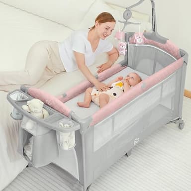 BabyBond Baby Bassinet Bedside Crib, Pack and Play with Sheet, Diaper Changing Table and Music Mobile from Newborn to Toddles, Portable Large Playard - Image 1