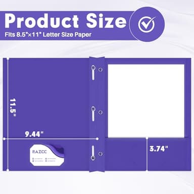 Two Pocket Folders, RAZCC 75 Pack Two Pocket Folders with Prongs, 3 Prong Folders Fit Letter Size Paper, Pocket File Folders for School Office Home Business, Purple - Image 3