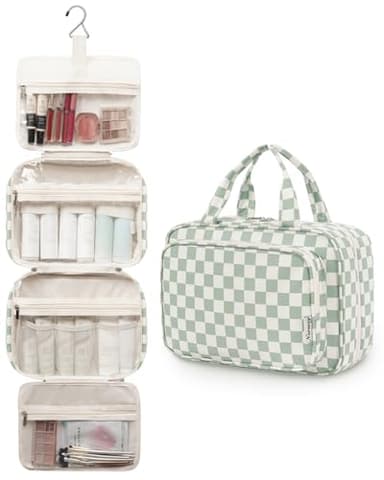 Narwey Travel Toiletry Bag for Women Large Hanging Makeup Bag Organizer Toiletries Bag for Full Size Essentials Accessories Cosmetics (Mint Green Checkerboard (Large)) - Image 4