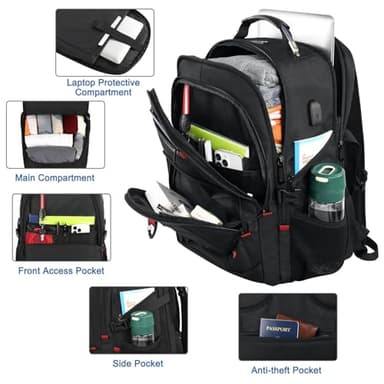 Z-MGKISS Extra Large Travel Backpack, 52L TSA Backpack 17.3 Inch, Anti-Theft 17 Inch Big Business Laptop Backpack for Men & Women, Water Resistant College Rucksack Bag with USB Port, Black - Image 5