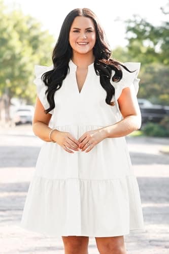 Fisoew Plus Size Dresses for Women Summer Ruffle Short Sleeve V Neck Dress Tiered Swing A Line Babydoll Mini Dress White - Image 2