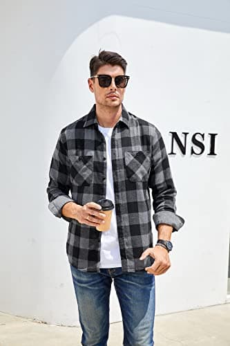 Alex Vando Mens Button Down Shirts Regular Fit Long Sleeve Casual Plaid Flannel Shirt.Grey/Black,M - Image 3