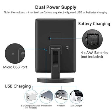 WEILY Makeup Mirror with 21 LED Lights,Two Power Supply Modes, Adjustable Touch Screen and 1x/2x/3x Magnification Tri-Fold Vanity Mirror,Chargeable Travel Cosmetic Mirror for Desktop (Black) - Image 6