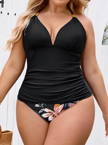 B2prity Halter Tankini Swimsuit for Women Tummy Control Two Piece Bathing Suit V Neck Swimwear with Shorts - Image 5