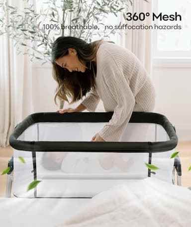 Fodoss Baby Bassinet Bedside Sleeper with Wheels and Storage Tray,4-Sided Mesh Bedside Bassinet for Infant/Newborn,7 Height Adjustable Easy Folding Bedside Crib - Image 2