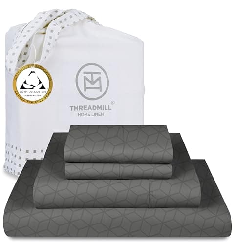 Threadmill Queen Bed Linen Set, 400 Thread Count Egyptian Cotton, Deep Pocket, Cooling Damask Jacquard, Dark Grey, 4 Piece Set - Image 1