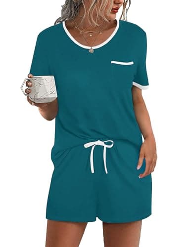Ekouaer Pajama Set for Women 2 Piece Lounge Set Short Sleeve Tops and Shorts Soft Sleepwear, Chest Pocket Blue Green - Image 1