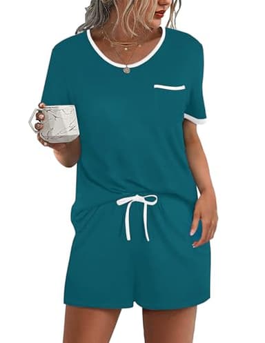 Ekouaer Pajama Set for Women 2 Piece Lounge Set Short Sleeve Tops and Shorts Soft Sleepwear, Chest Pocket Blue Green - Image 1