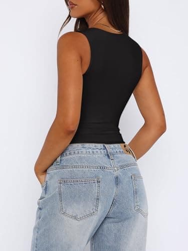 REORIA Womens Summer Sexy Sleeveless Square Neck Double Lined Going Out Cute Thong Bodysuit Tank Tops Black Large - Image 4