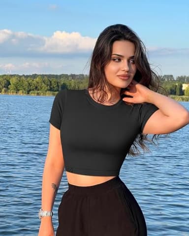 OQQ Women's 3 Piece Crop Tops Crew Neck Shorts Sleeve Stretch Fitted Shirts Crop Tops Black White Candypink - Image 4