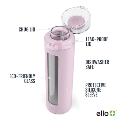 Ello Syndicate 20oz Reusable Glass Water Bottle with One-Touch Leak Proof Flip Lid, Protective Non-Slip Silicone Sleeve, Carry Loop for Coffee, Tea and Water, BPA-free, Dishwasher Safe, Cashmere Pink - Image 3