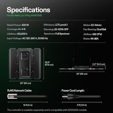 VIVOSUN AeroLight Wing AW400SE, LED Grow Light 400W with Integrated Circulation Fan, App Compatible, Used with Growhub Controller E42A/E25 to Achieve More Functions for 4x4/5x5 Grow Tent - Image 7