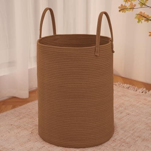 JMvicyroam Large Woven Laundry Basket Hamper,60L Cotton Rope Storage Bin for Blankets,Toys and Clothes,Decorative Tall Nursery Hamper for Living Room,Baby Nursery,Bathroom and Bedroom,Golden Jute - Image 1