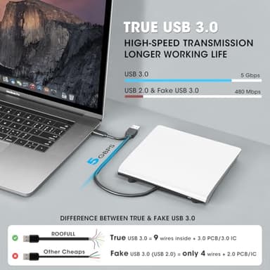 ROOFULL External CD DVD Drive for Mac Laptop, USB 3.0 & USB-C CD DVD Reader Writer Burner Player ROM/RW Portable Optical Disc Drive for Apple MacBook Pro, iMac, Windows 11/10/8/7 Computer PC, White - Image 3
