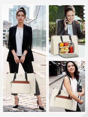 MATEIN Laptop Tote Bag for Women, 15.6 Inch Laptop Commuter Tote Insulated Lunch Bag, Waterproof PU Leather Work Purse with lunch Box compartment for Work Business Picnic Teacher Casual Office, Beige - Image 7