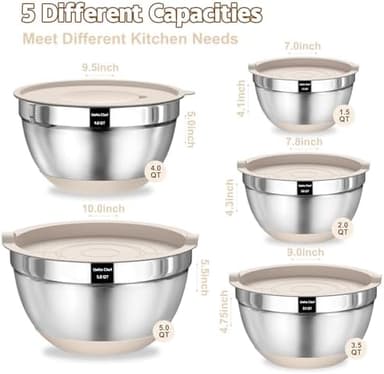 Umite Chef Mixing Bowls with Airtight Lids Set, 8PCS Stainless Steel Khaki Nesting Bowls with Grater Attachments, Kitchen Bowls with Non-Slip Bottoms, Size 5, 4, 3.5, 2, 1.5QT for Mixing & Serving - Image 3