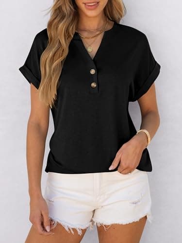 ANRABESS Womens Short Sleeve Henley Tops V Neck Dressy Casual Blouses Summer Trendy Tee Shirts 2025 Vacation Fashion Clothes Black XXL - Image 3