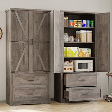 BORNOON Pantry Organizers and Storage Cabinet, 71” Barn Door White Kitchen Cabinet with Drawers and Adjustable Shelf, Tall Pantry for Kitchen, Dining Room, Living Room. Bathroom and Office - Image 4