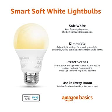 Amazon Basics Smart A19 LED Light Bulb, Dimmable Soft White (2700K), 7.5W (60W Equivalent), 800LM, Works with Alexa Only, 2.4 GHz Wi-Fi, No Hub Required, 1 Pack - Image 2
