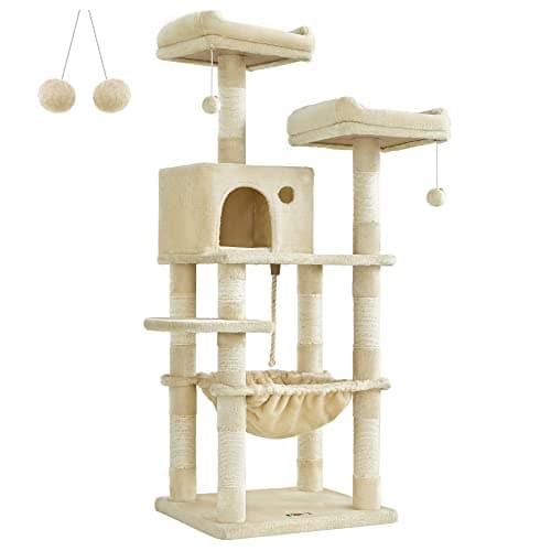 Feandrea Cat Tree, 56.3-Inch Cat Tower for Indoor Cats, Multi-Level Cat Condo with 11 Scratching Posts, 2 Perches, Cave, Hammock, Beige UPCT15BE - Image 1