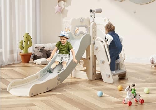 Babytronic Toddler Slide, 6 in 1 Kids Indoor Slide for Toddlers 1-3, Kids Playground for Indoor Outdoor with Basketball Hoop and Telescope, Indoor Outdoor Slide Playset (White&Gray) - Image 1