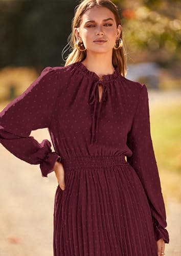 PRETTYGARDEN Women's 2025 Spring Fall Midi Dress Casual Long Sleeve V Neck Swiss Dot Pleated A Line Flowy Dresses (Dark Wine Red,Large) - Image 5