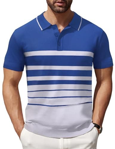 COOFANDY Men's Short Sleeve Polo Shirts Striped Knit Polo Shirt Lightweight Fashion Casual Collared T Shirts, Blue and White, Medium - Image 1
