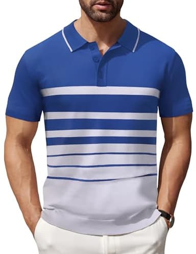 COOFANDY Men's Short Sleeve Polo Shirts Striped Knit Polo Shirt Lightweight Fashion Casual Collared T Shirts, Blue and White, Medium - Image 1