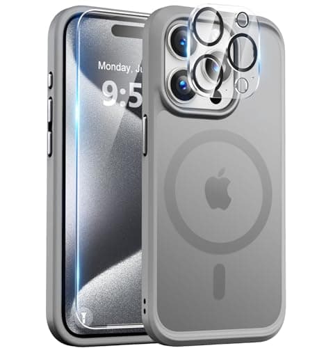 BossKiss Compatible with iPhone 15 Pro Case, [Compatible with Magsafe] [Screen+Camera Protector] Magnetic Translucent Matte Women Men Girl Protective Cover for iPhone 15 Pro 6.1", Titanium Gray - Image 1