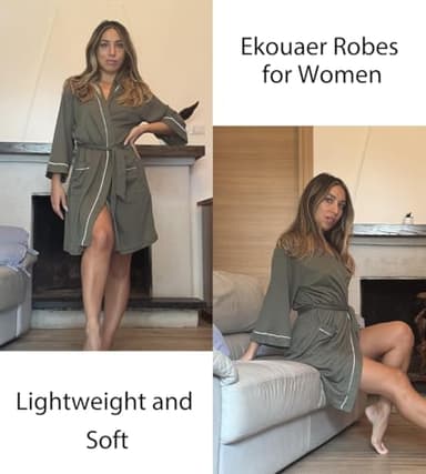 Ekouaer Women Robes Waffle Knee Length Bathrobe Lightweight Soft Sleepwear V neck 3/4 Sleeve Casual Ladies Loungewear Army Green M - Image 4