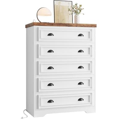 LIKIMIO 43" Tall 5 Drawers Dresser for Bedroom, Power Strip, Farmhouse Large Wood Dressers & Chest of Drawers with Wide Storage Cabinet, White - Image 9