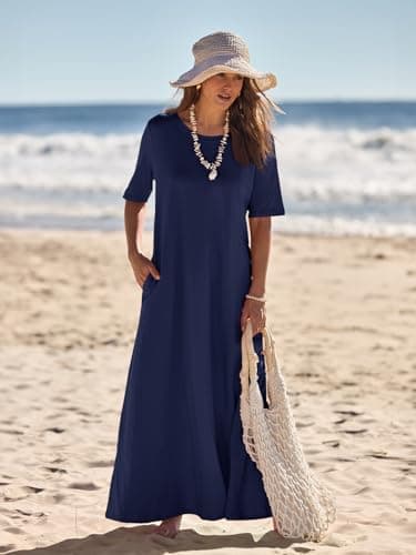 MEROKEETY Women's 2025 Summer Maxi Dress Casual Short Sleeve Beach Vacation Crewneck Basic Long T Shirt Dresses, Navy, X-Large - Image 6