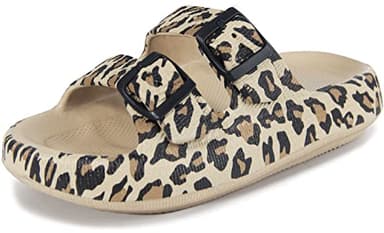 Weweya Athletic Outdoor Slides Sandals for Women and Men Slip On Wide Width Eva Rubber Flat Foam Cozy Slides Thick Sole Comfort Walking Sandals Leopard Men Size 8.5 9 9.5 Women Size 9.5 10 10.5 - Image 1