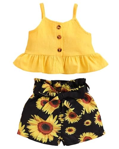 Kucnuzki Toddler Baby Girl Clothes Summer Outfits Ruffle Sleeveless Linen Shirt Kid Short Set for Girl (12-18 Months, Yellow+Black) - Image 1