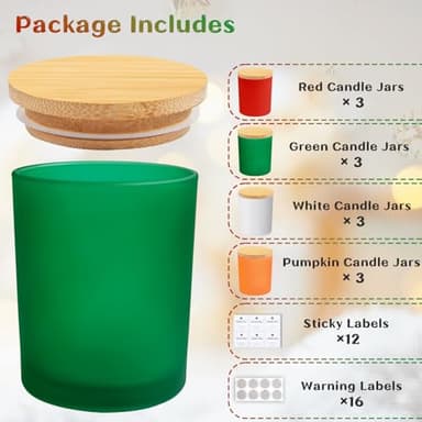 CONNOO 12 Pack 10 OZ Multi Color Glass Candle Jars with Bamboo Lids Nice Sticky Warning Labels for Candle Making Empty Container Bulk - Dishwasher Safe - Image 3