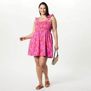 The Drop Women's Kari Ruffled-Shoulder Smocked Mini Dress Tomato Red/Pink Retro Floral Print, S - Image 7
