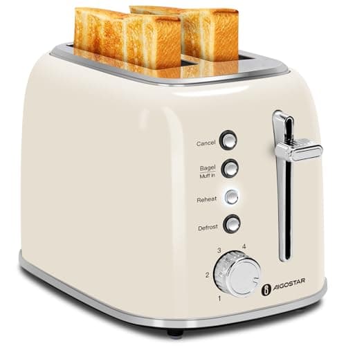 Aigostar Toaster 2 Slice, Retro Extra-Wide Slot Toasters Best Rated Prime for Toasting Bagels, Breads, Waffles & More, Cancel, Defrost & 6 Browning, Removable Crumb Tray, Stainless Steel, Cream White - Image 1